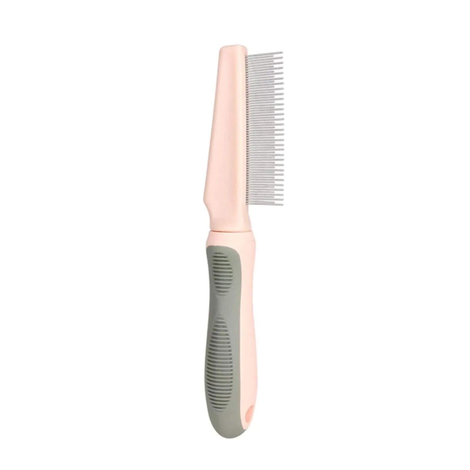 Blue pet detangler comb with rubber handle showing three comb teeth configurations