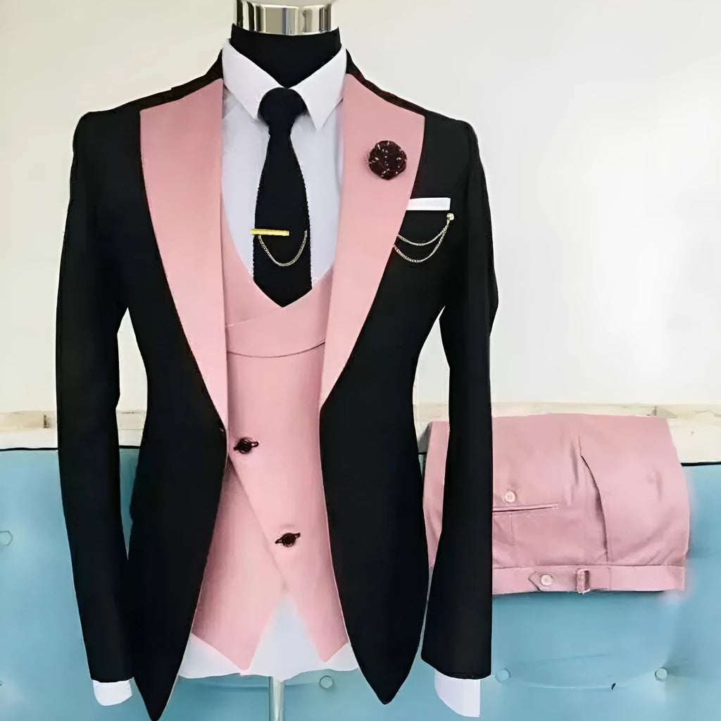 Men's slim fit three-piece suit in cotton with coat, vest, and trousers for formal occasions