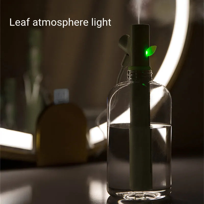 Transparent portable USB humidifier with purification stone showing 197mm height and mist output