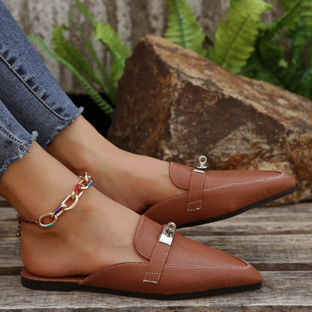 Light brown women's pointed-toe casual semi-slippers with a low block heel and slip-on design.