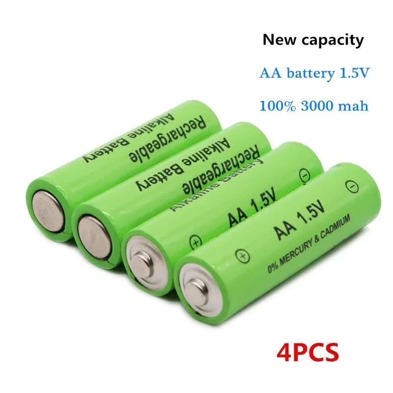 Green alkaline rechargeable AA battery with 3000mAh capacity and 1.5V rating.