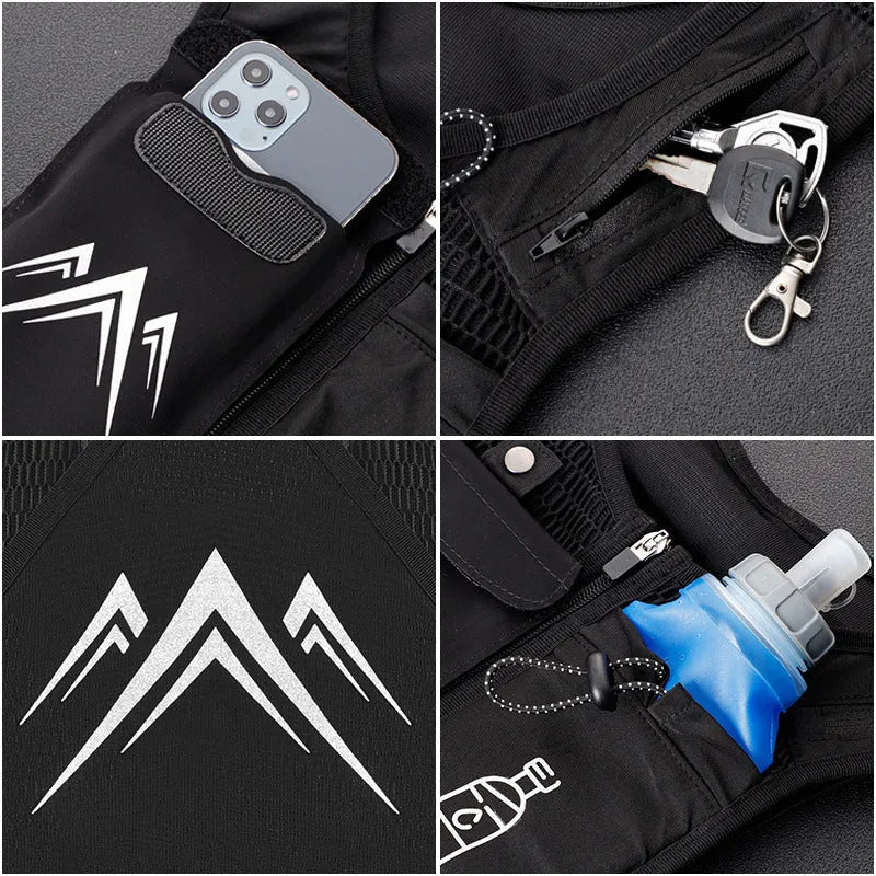 Classic black sports running vest with a front mesh phone pocket, shown on a model.