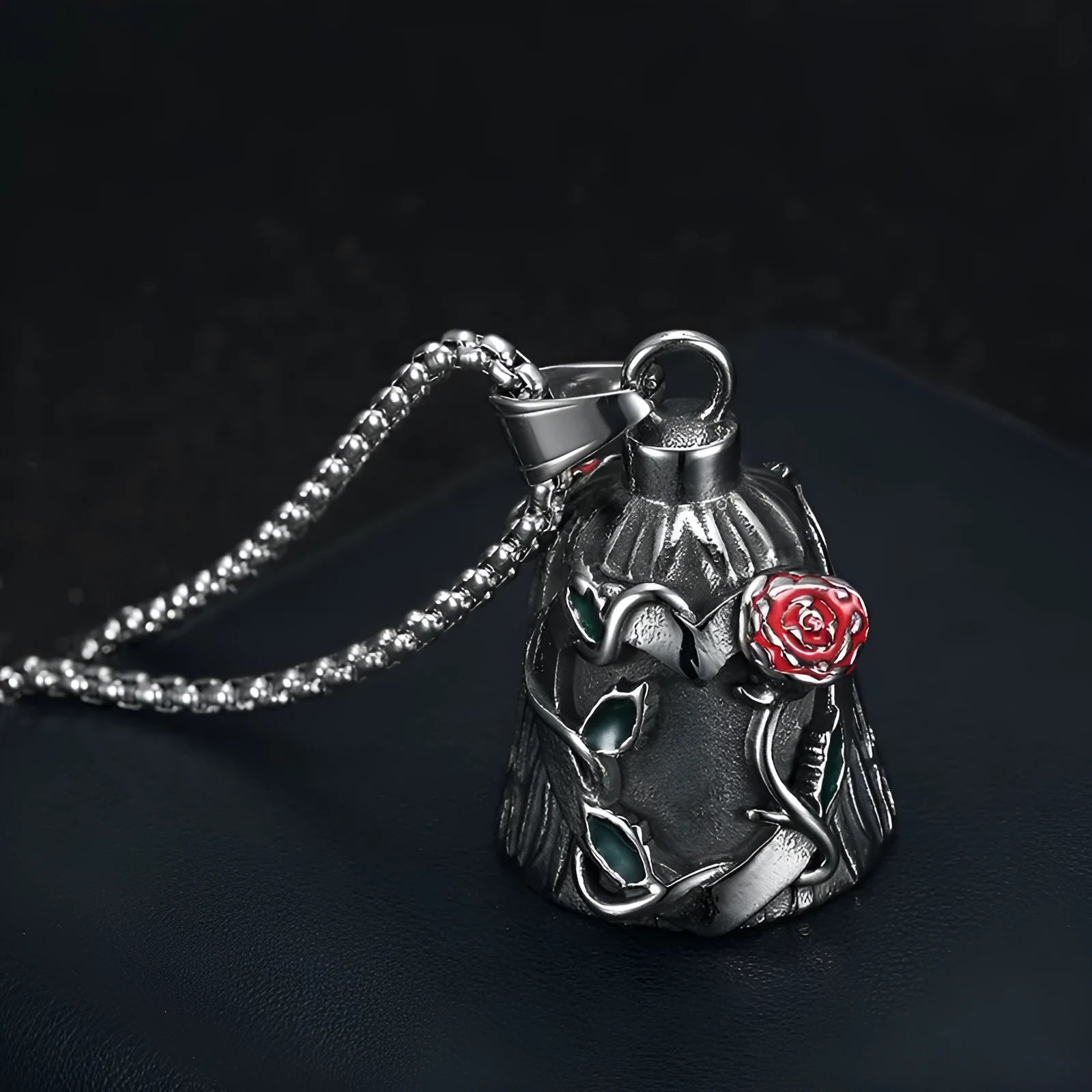 Titanium steel motorcycle lucky bell pendant with epoxy rose design and polished finish
