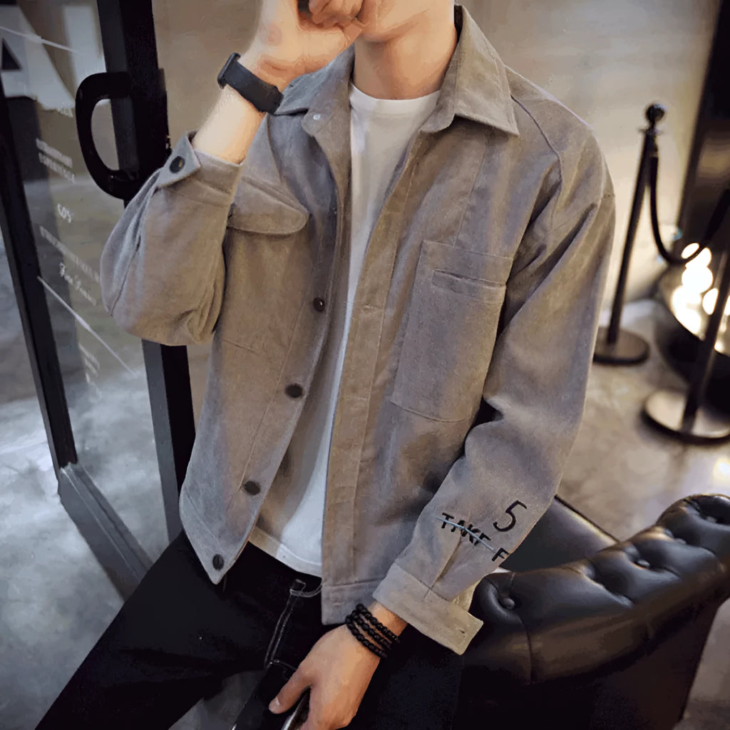 Men's single breasted cotton blend jacket in grey, leisure slim fit with pockets, spring autumn