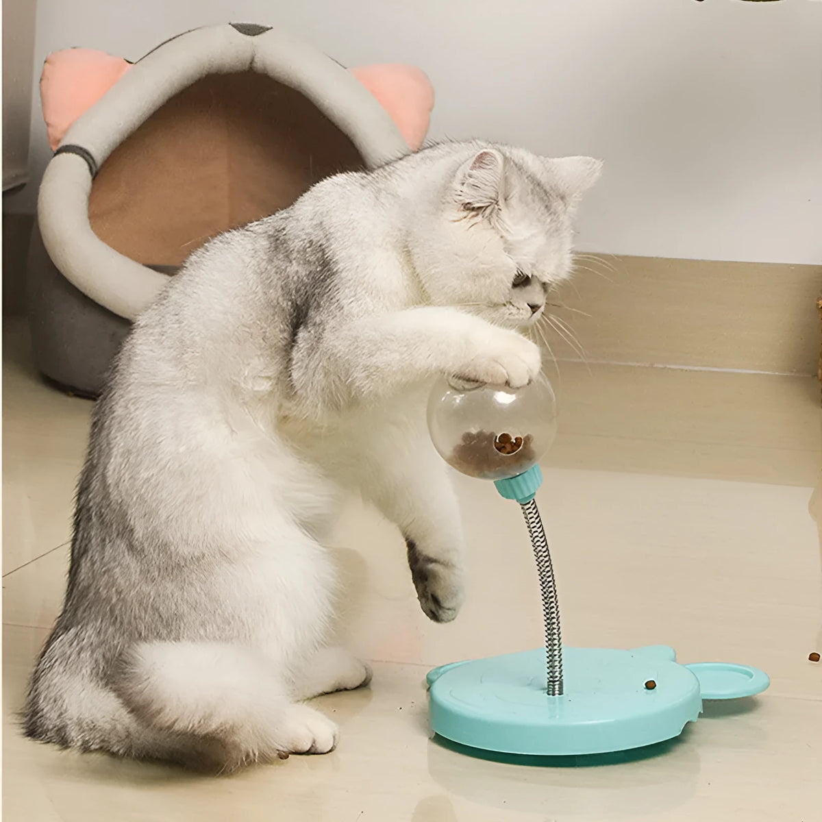 Plastic pet feeder toy with leaking food ball, swing tumbler body, suction cup base, Blue or Pink