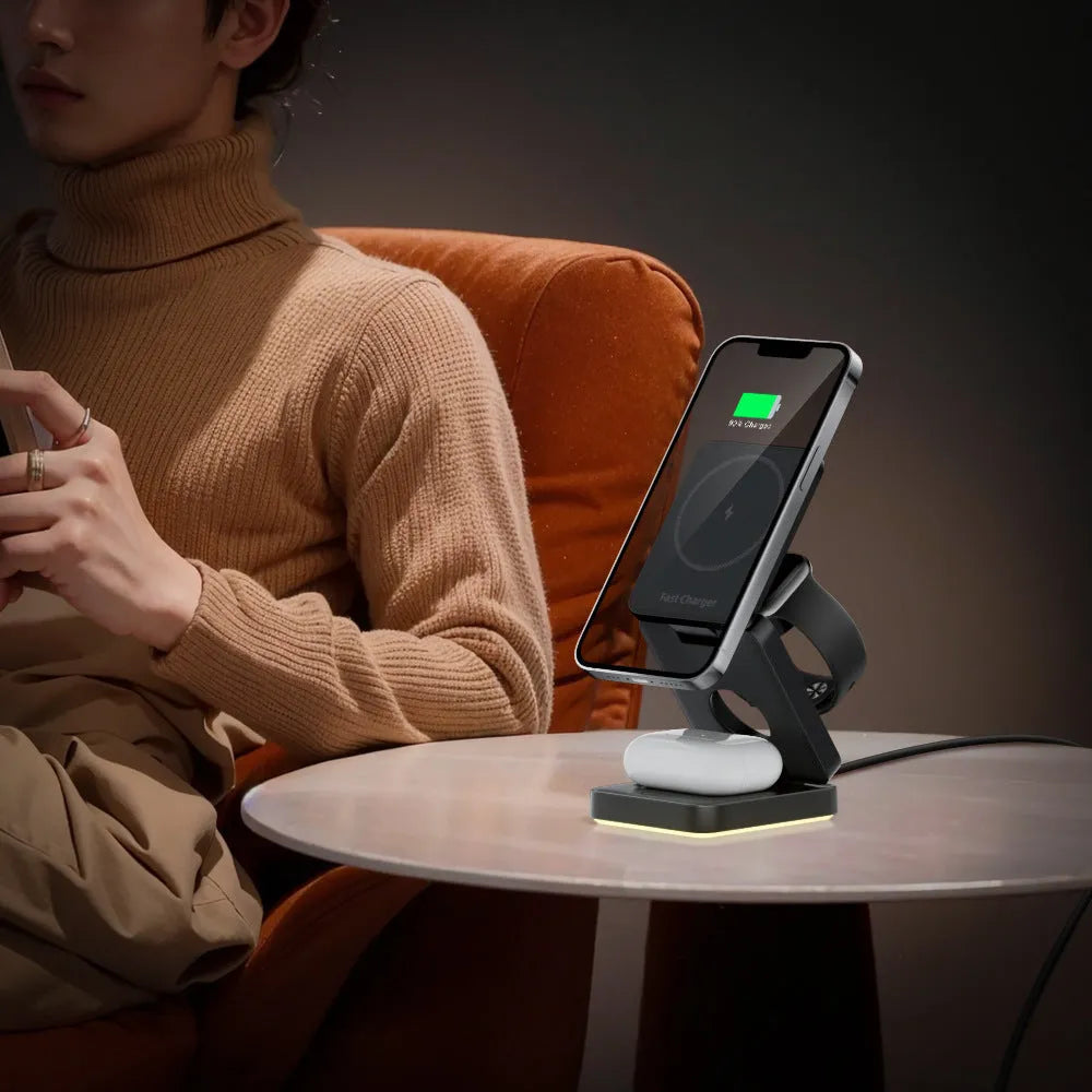 Three-in-one folding magnetic wireless charger in black with USB cable
