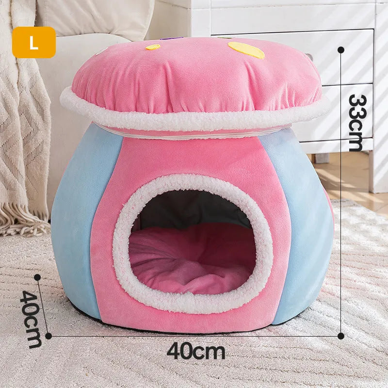 Grey mushroom-shaped plush cat bed with a detachable blanket inside, showing enclosed design.
