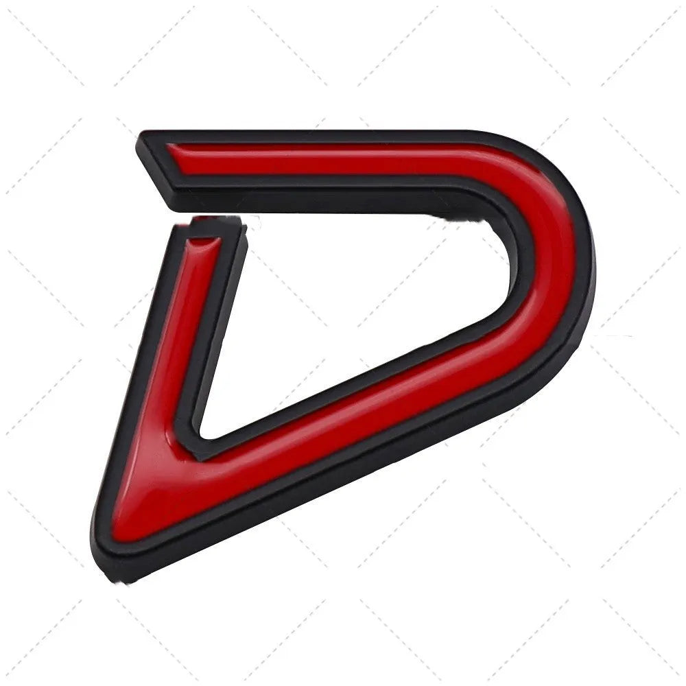 Red and silver metal SD design car sticker on a vehicle bumper.
