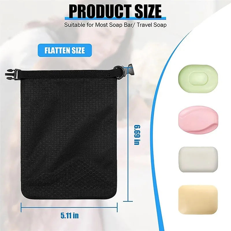 Waterproof mesh soap bag with bubble net texture measuring 17 by 13 centimetres
