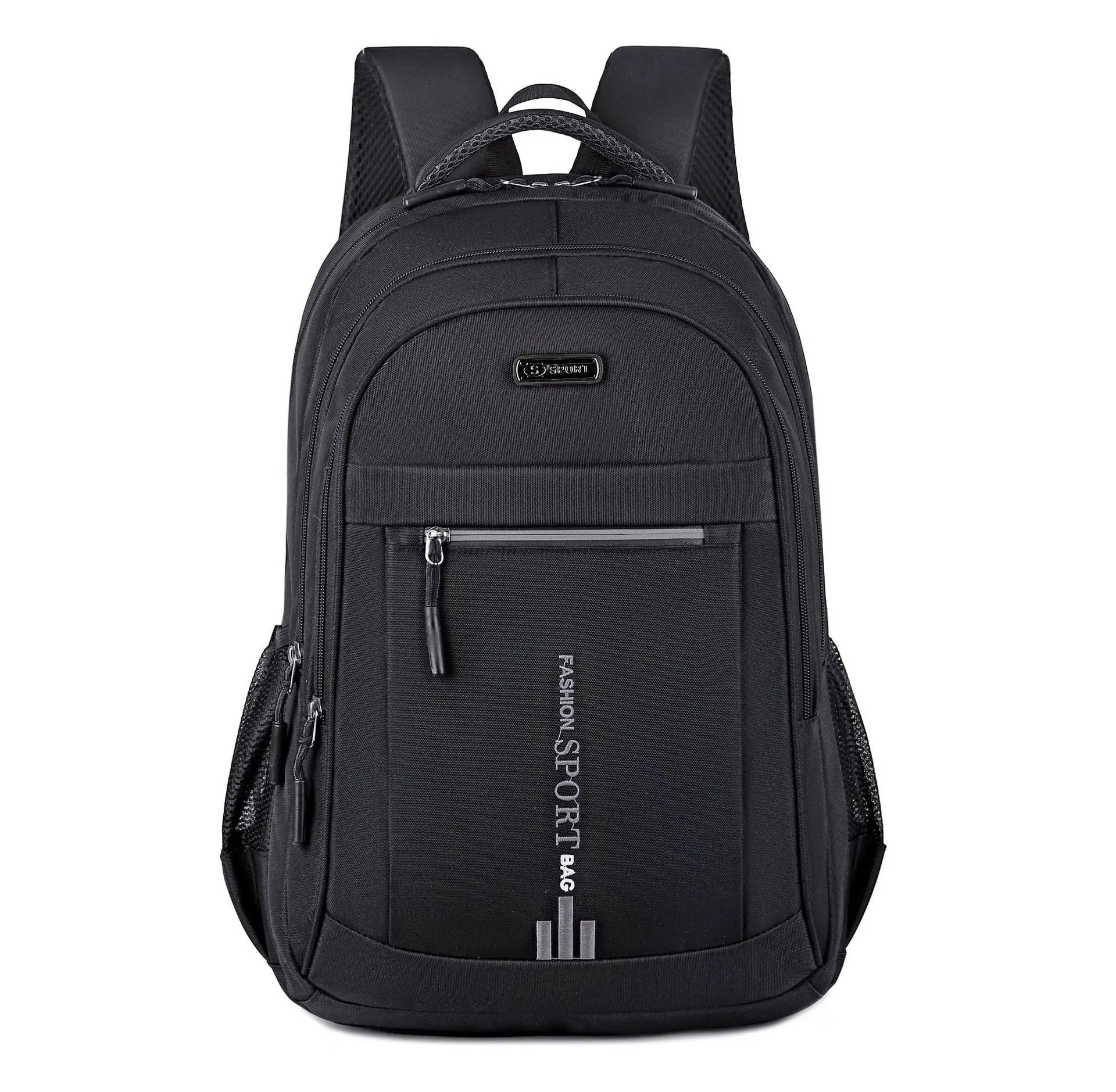 Blue business travel backpack with airpillow straps and sewing line detail on Oxford cloth.