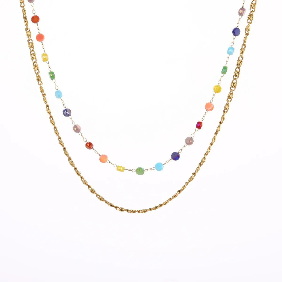 Stainless steel zircon necklace clavicle chain with beaded blue bracelet set geometric pendant on white background