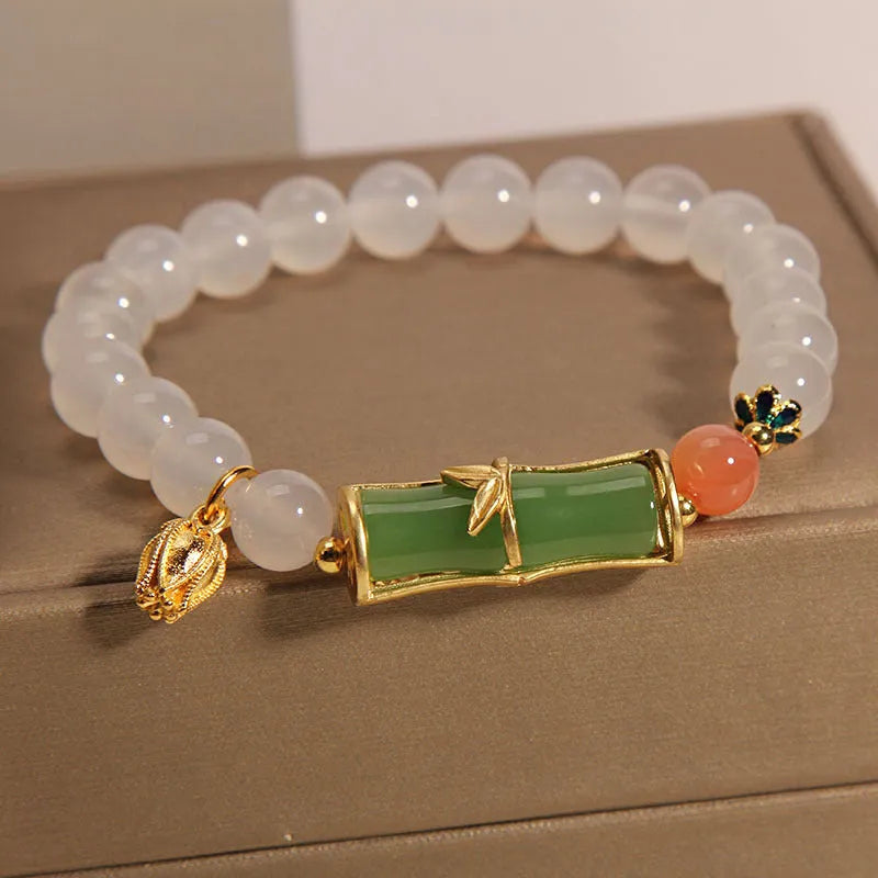 White agate jade Chinese style bamboo joint bracelet with retro luxury design for women