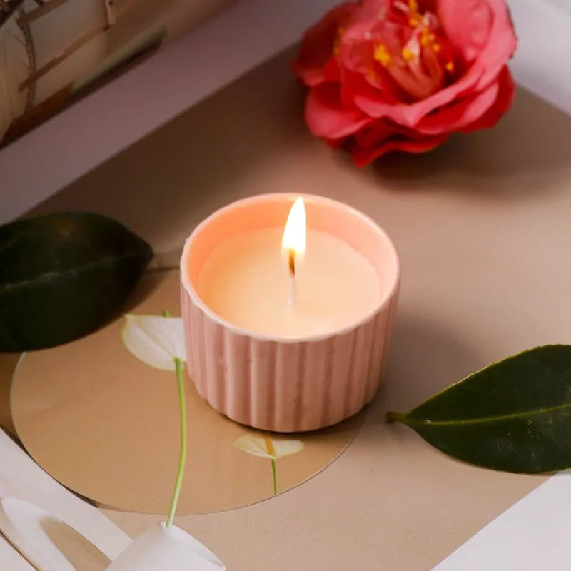 Indoor aromatherapy soy candle in ceramic cup with floral scent for bedroom use