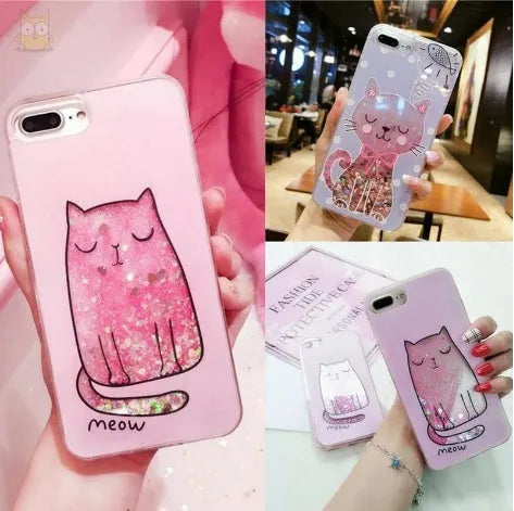 Pack of four glittery cat-themed protective phone cases for iPhone models 6 through X.