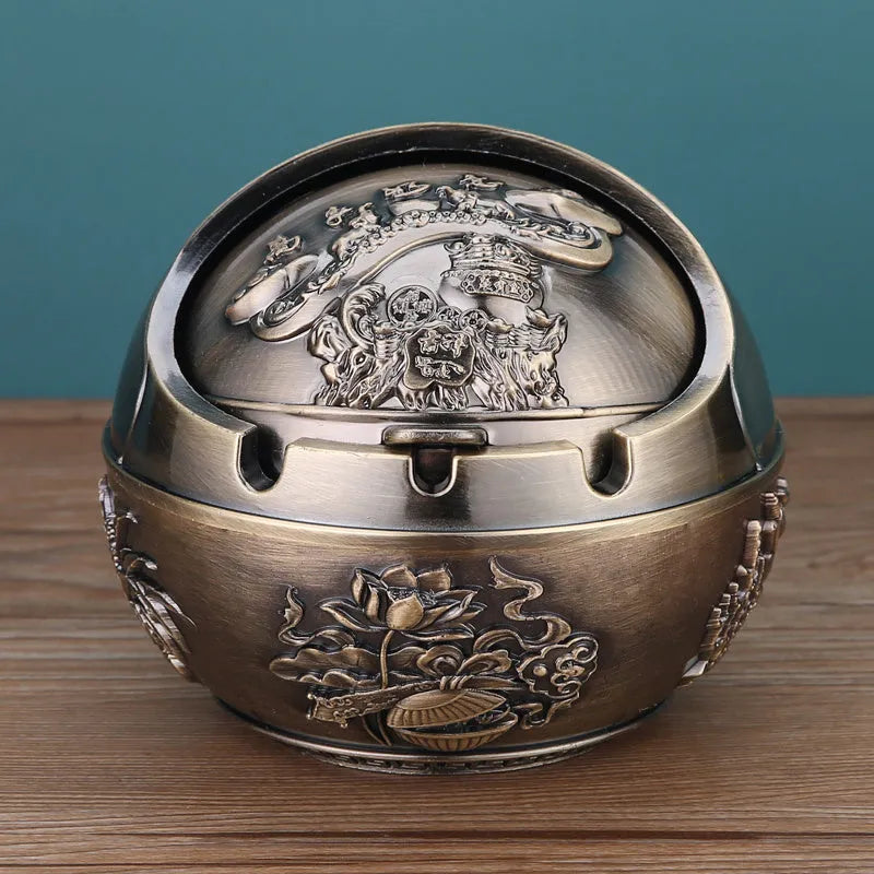 Bronze alloy ashtray with decorative fortune tree design and smoke extinguishing slot.