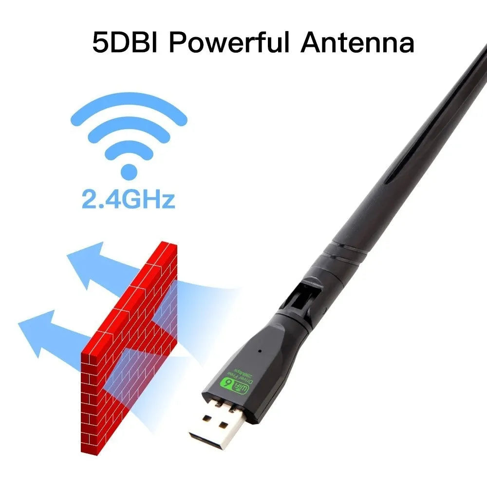 Black USB WiFi 6 wireless network card with driver-free operation for computers