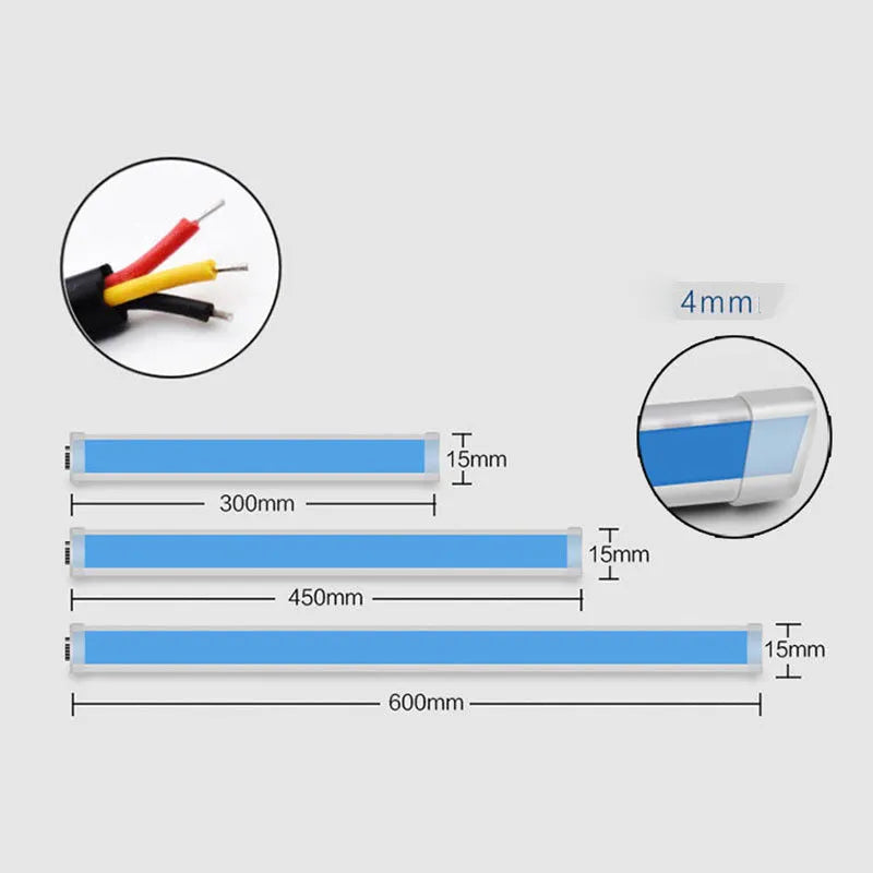 Flexible silicone car LED light strip for daytime running and flowing turn signals, showing wire connections.