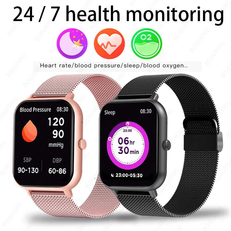 ZL54C smart watch with AMOLED screen displaying health stats, shown with Milan steel strap options.