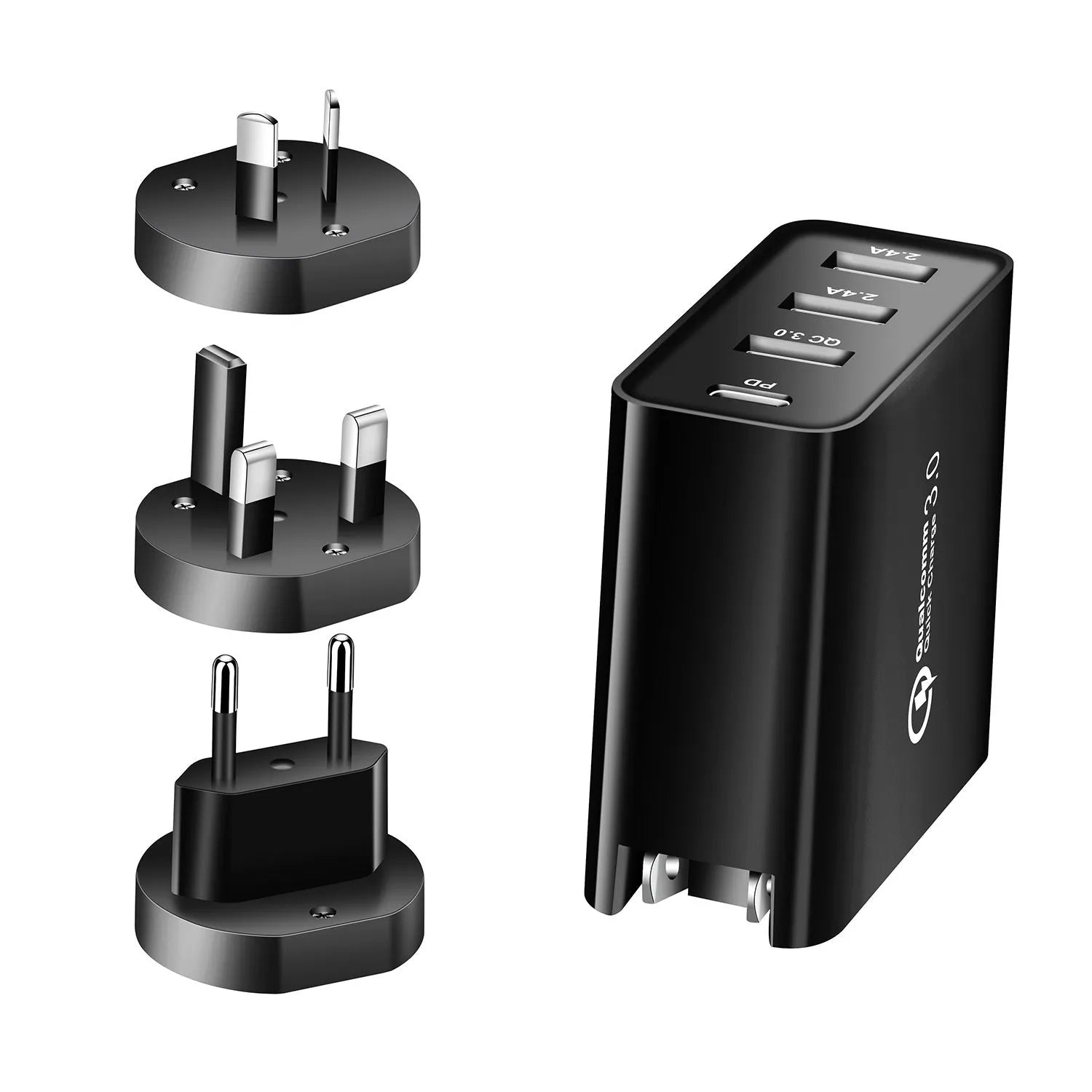 Black 48W USB C PD charger with four ports and a set of international plug adapters