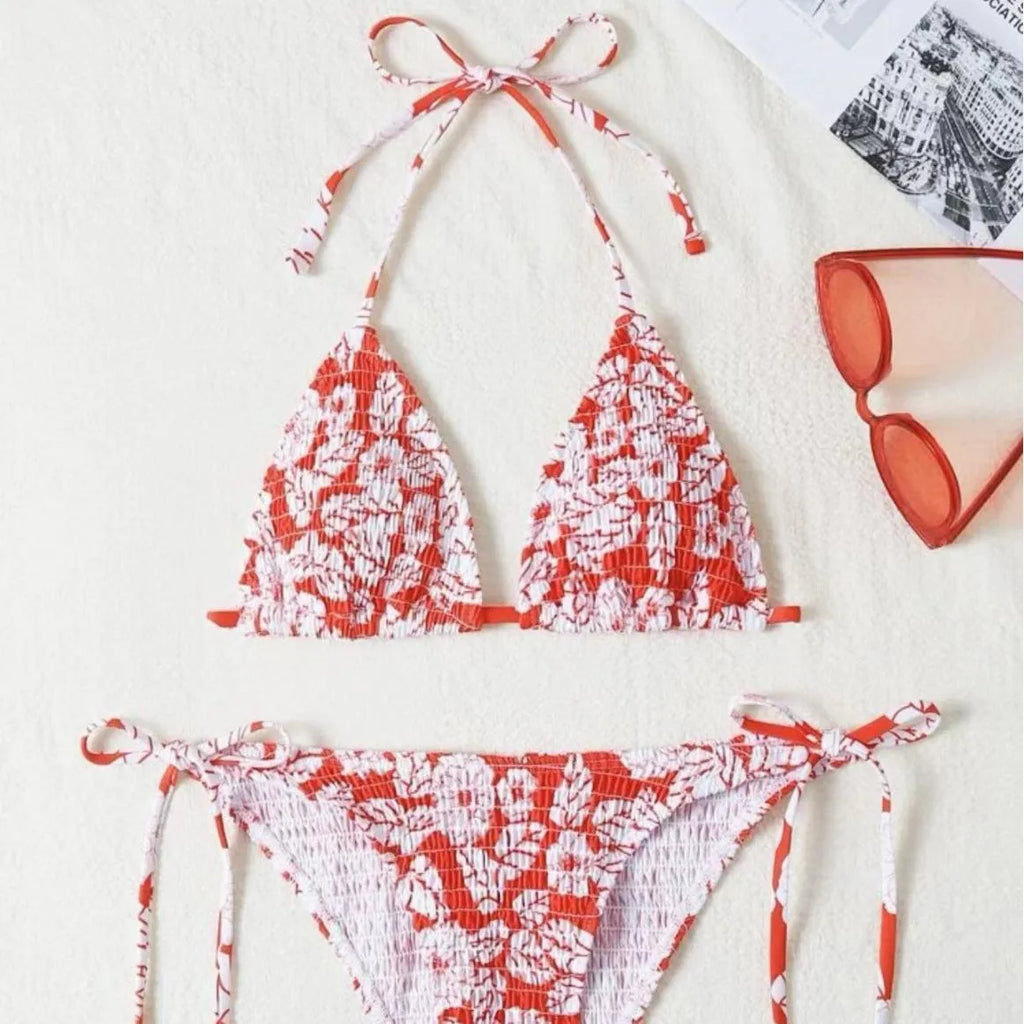 Women's floral halter swimsuit briefs in light blue, orange red, pink, rose red or sapphire blue