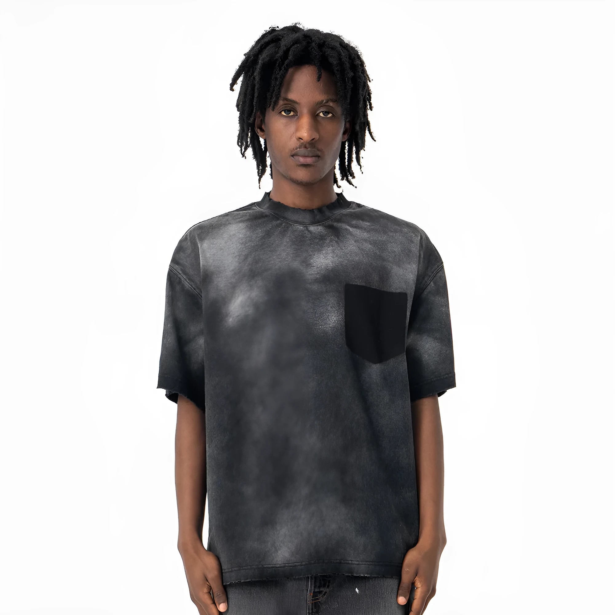 Men's black loose fit cotton t-shirt with printed letter pattern and drop-shoulder short sleeves