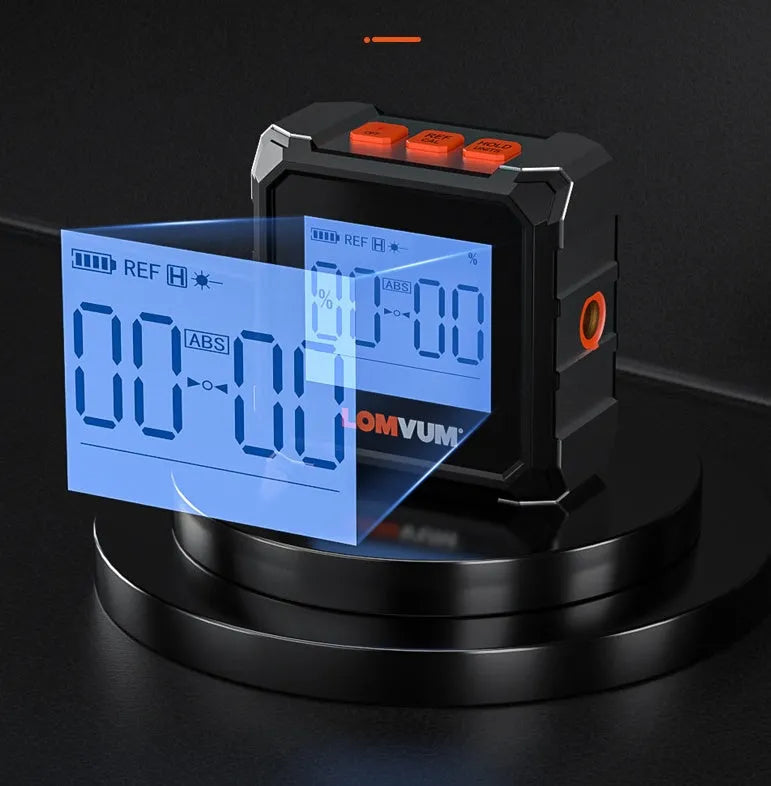 Longyun digital laser inclinometer with alloy casing and backlit display on a wooden workbench.