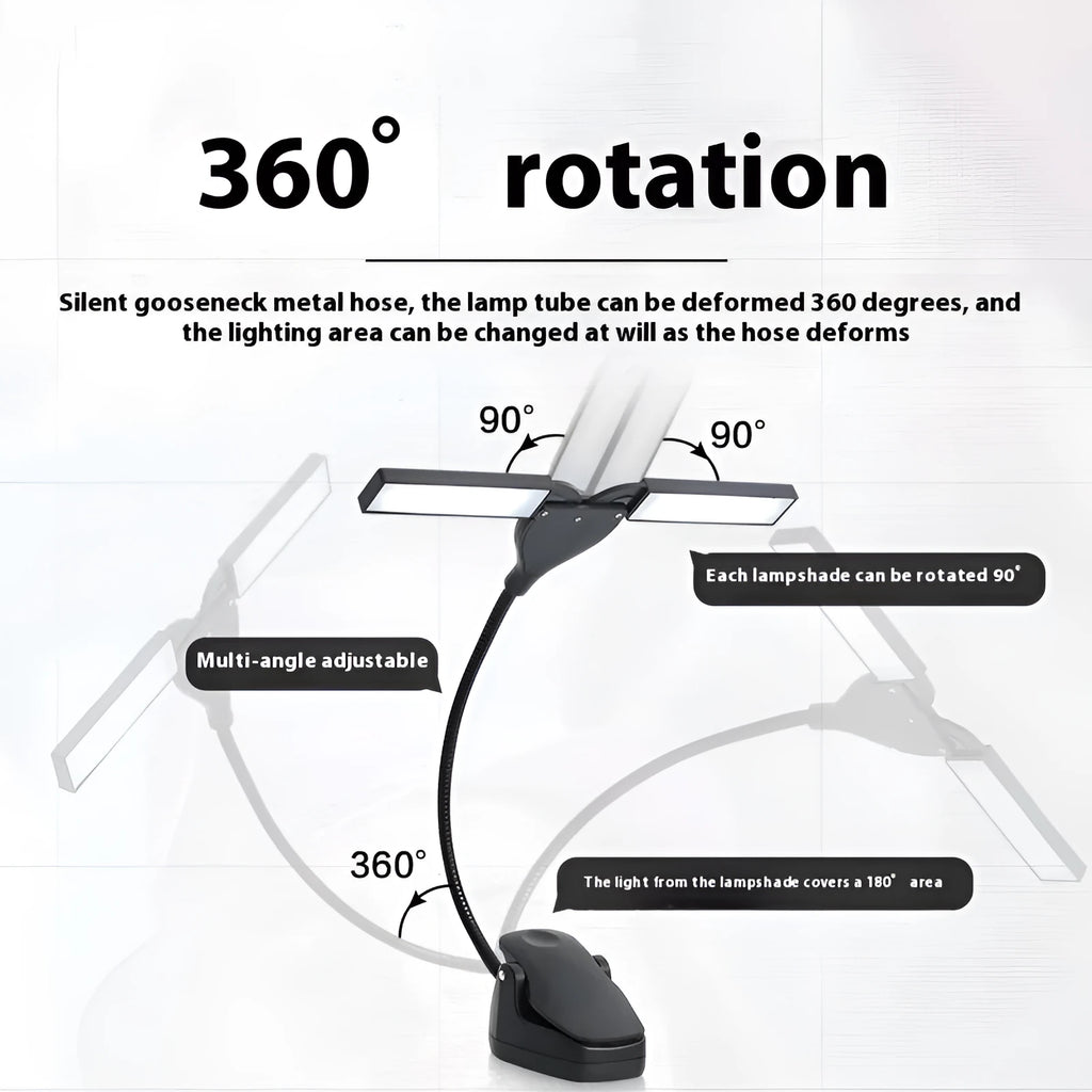 Black rechargeable music stand lamp with 28 LEDs clipped to a metal stand.