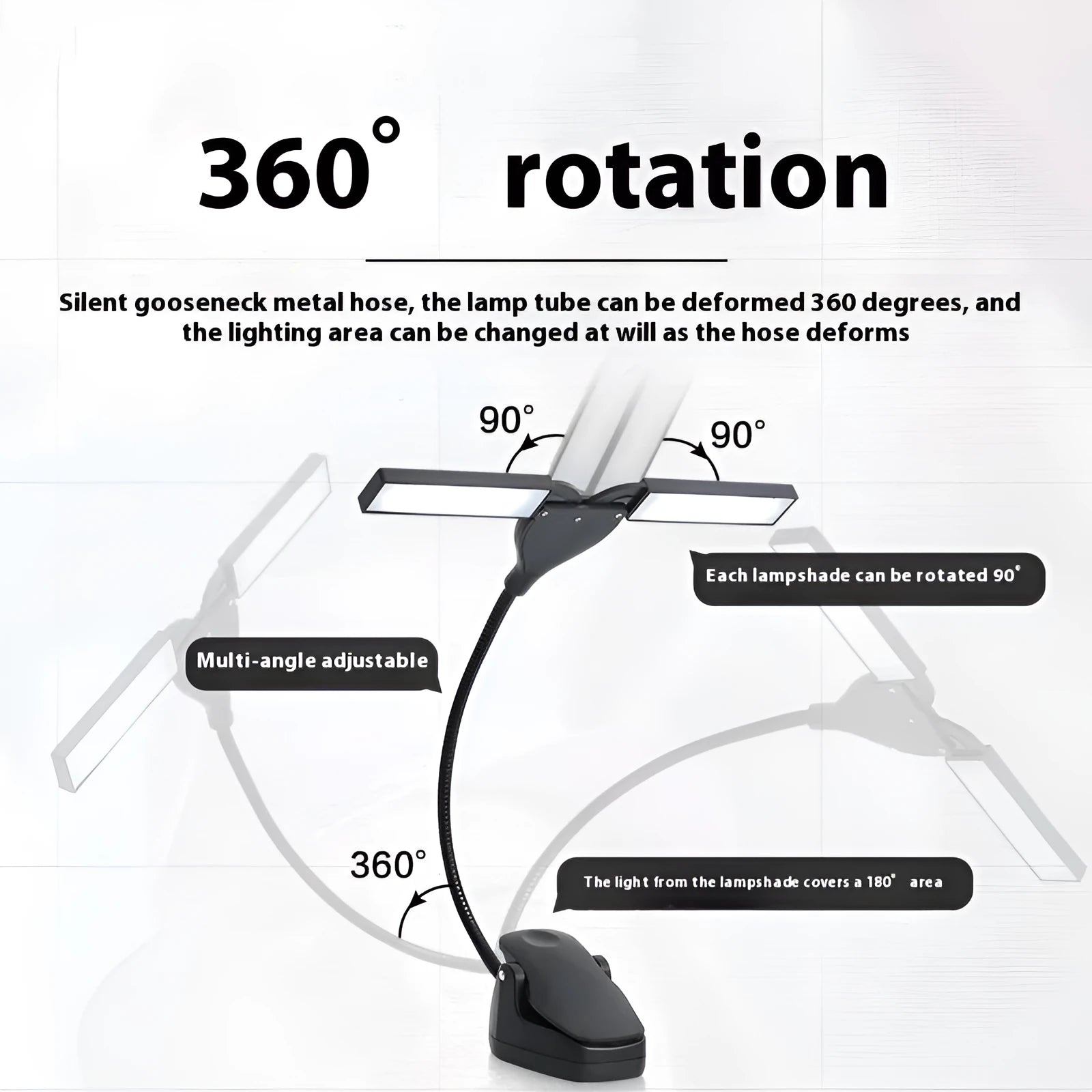 Black rechargeable music stand lamp with 28 LEDs clipped to a metal stand.
