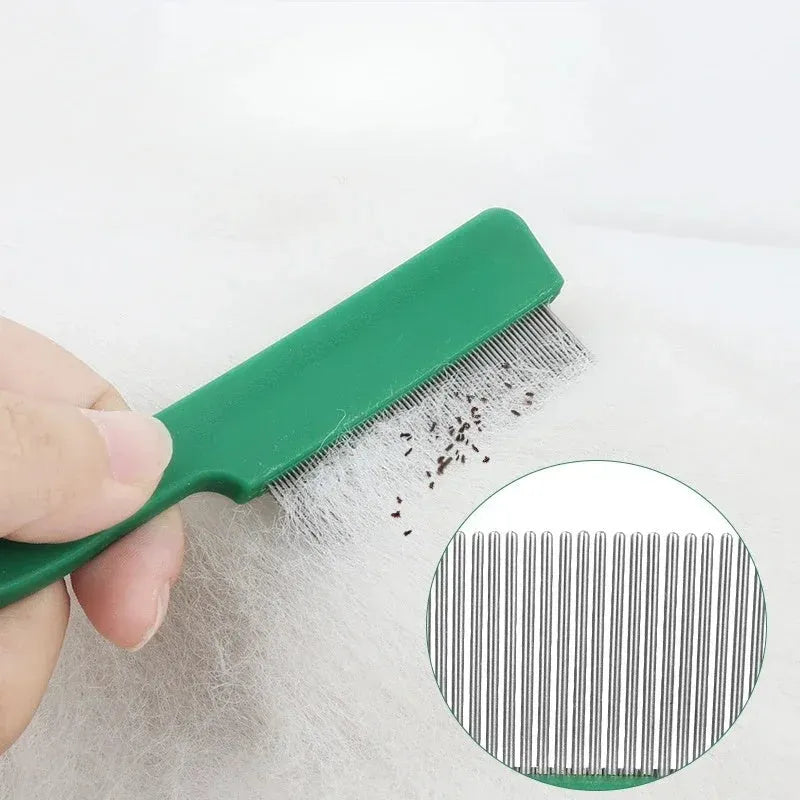 Green plastic handle stainless steel pin pet flea comb for dogs and cats on a white background.