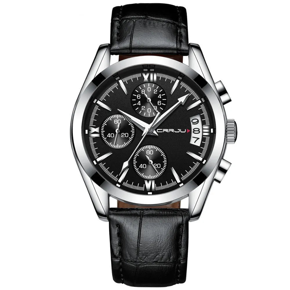 Men's multi-functional quartz watch with black shell and rose gold hands on a brown leather strap