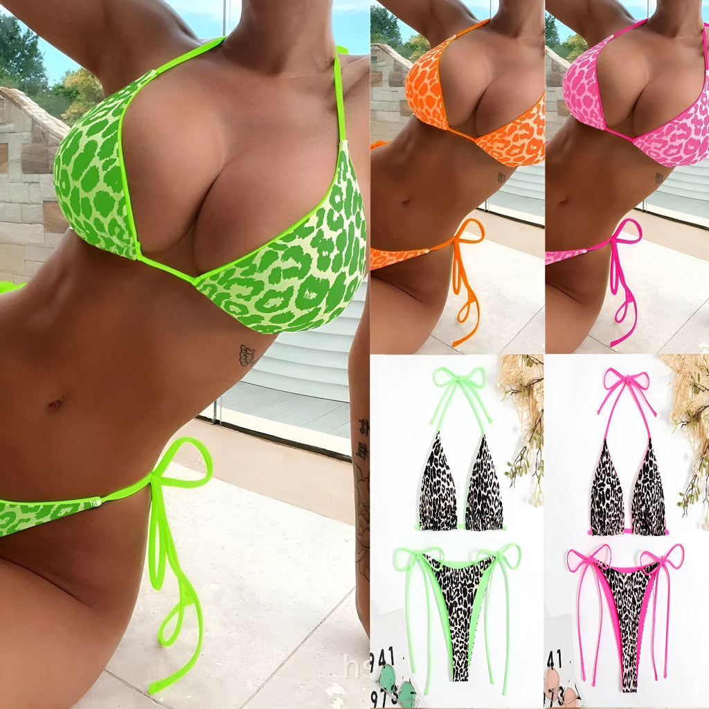 Women's lace-up triangle bikini top with matching split-leg bottoms in polyester fabric