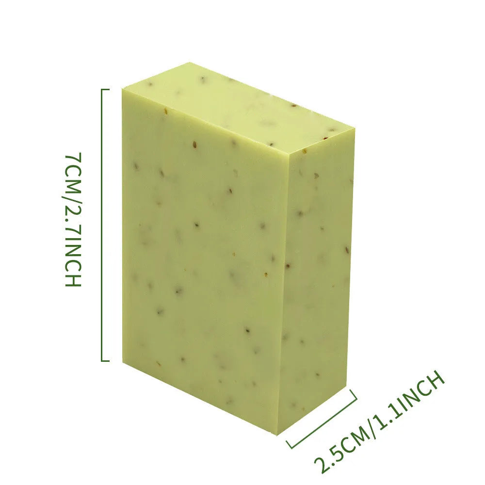 Handmade plant essential oil soap bar with frosted texture showing coconut green tea lavender rose scent options