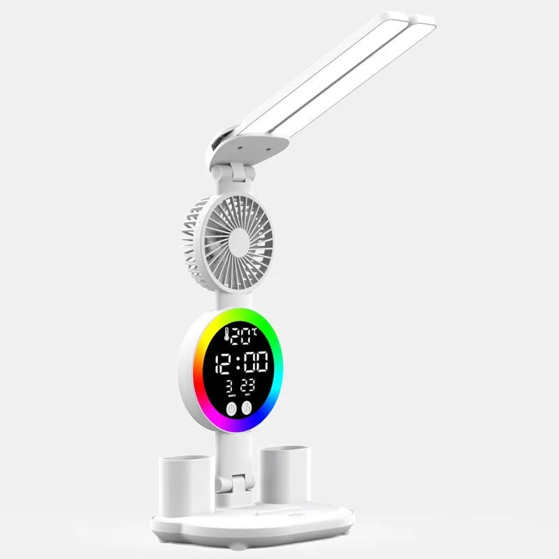 LED student rechargeable desk lamp with clock and fan option, USB powered, modern design