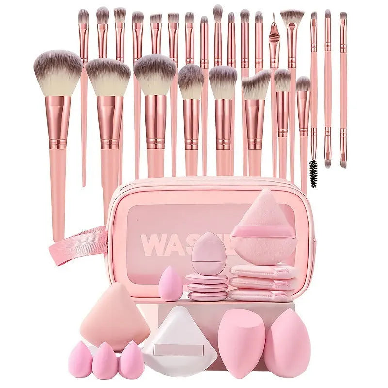 Beauty tool combination set with multiple pieces in brown, pink, and purple colours for face wash and makeup application
