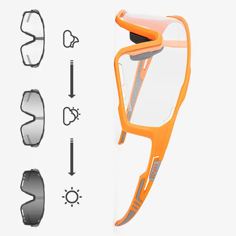 Photochromic cycling sunglasses with semi-rimless TR90 frame on a bicycle helmet.