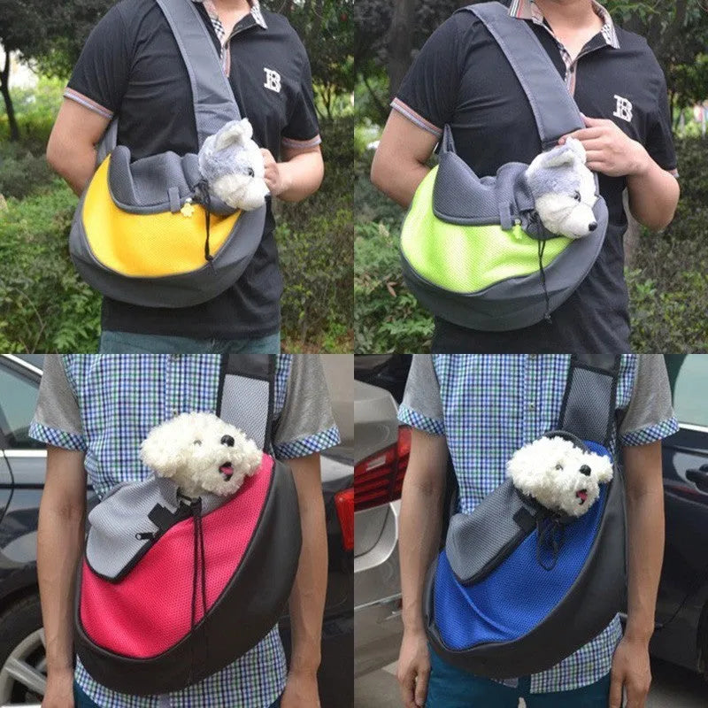 Blue pet carrier backpack for a small dog, showing padded interior and shoulder straps.