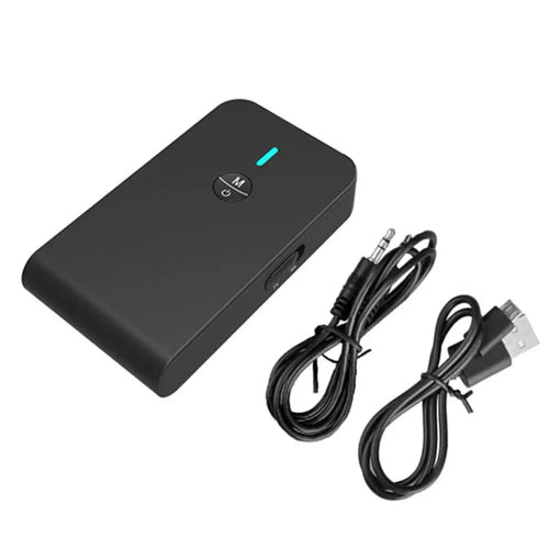 Black Bluetooth 5.0 audio adapter with 3.5mm AUX plug and external power supply cable.