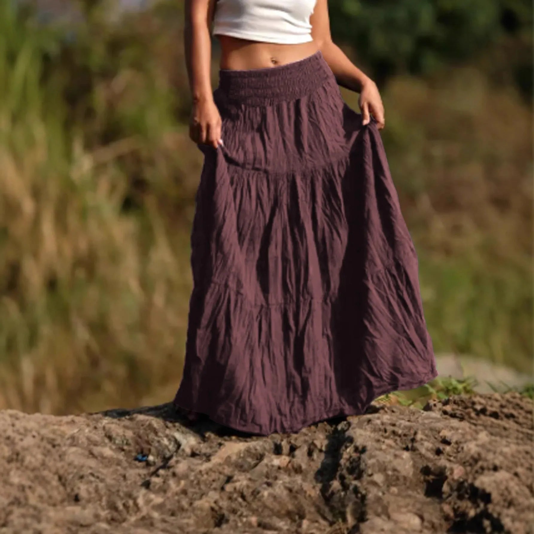 Women's beige waist smocking mid-length retro skirt with folding details