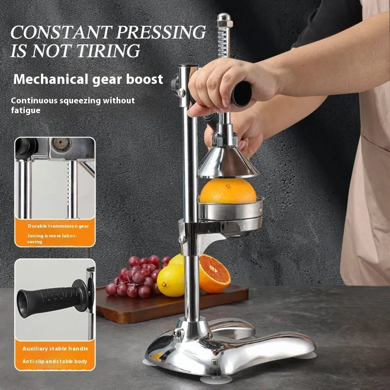 Vertical stainless steel and zinc alloy manual citrus juicer on a kitchen counter.