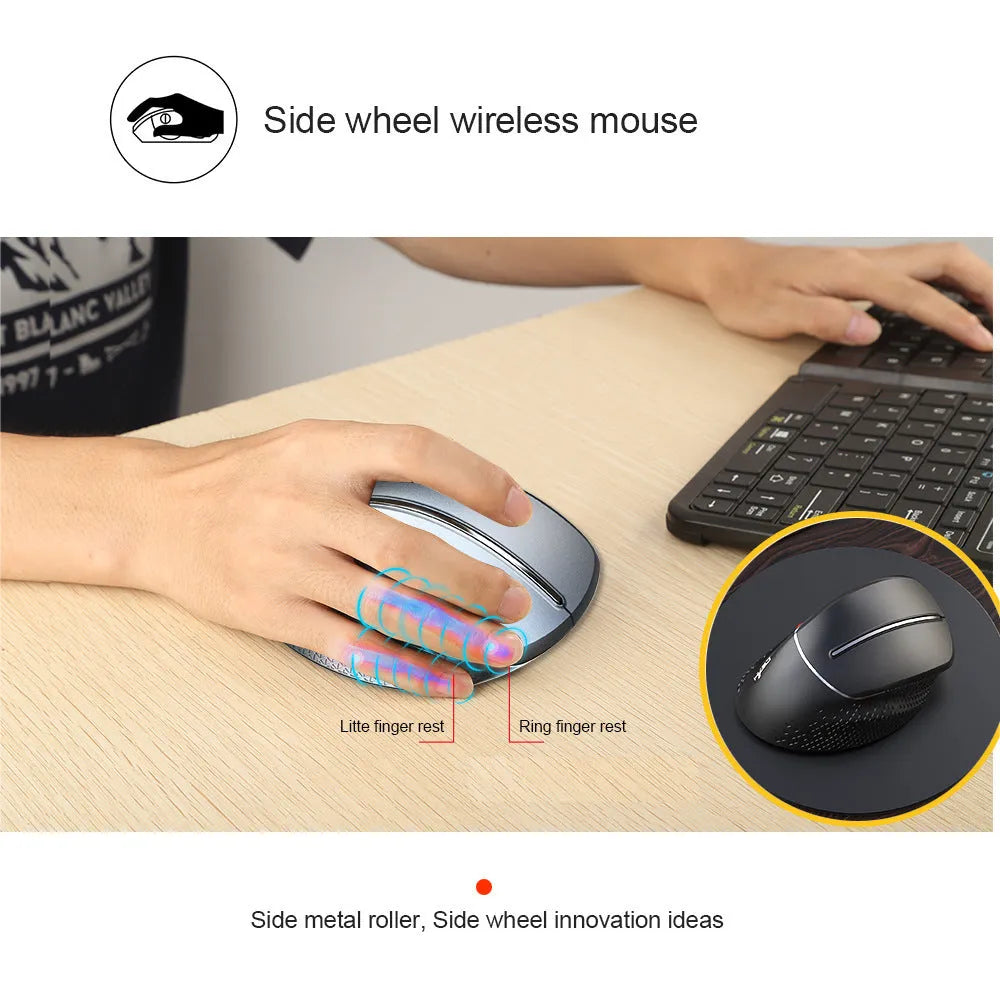 T32 black wireless vertical ergonomic mouse with aluminium side roller on desk