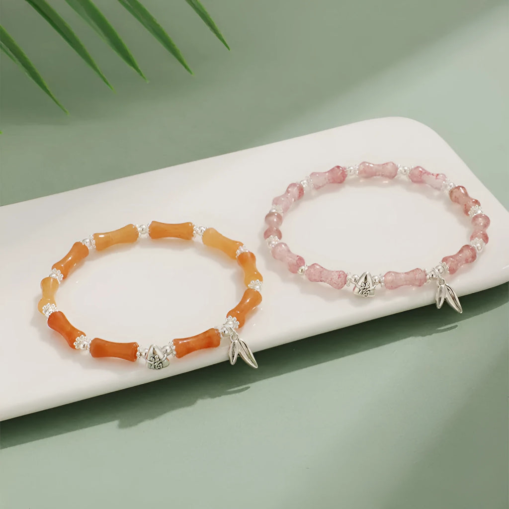 Green aventurine bamboo strawberry crystal bracelet with mixed stones and adjustable sizing