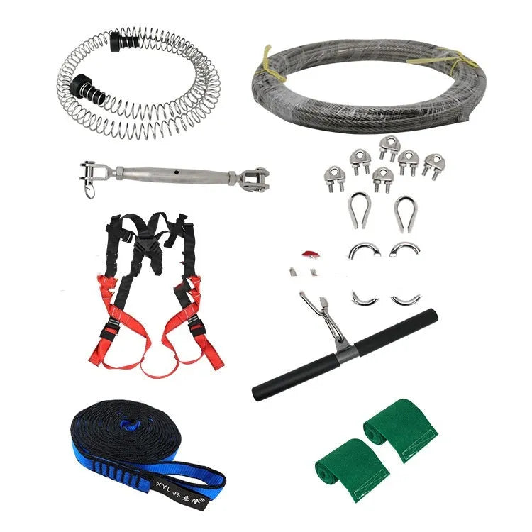 Children's outdoor pulley slide rope kit with 10m steel cable, alloy pulleys, and tree protection components