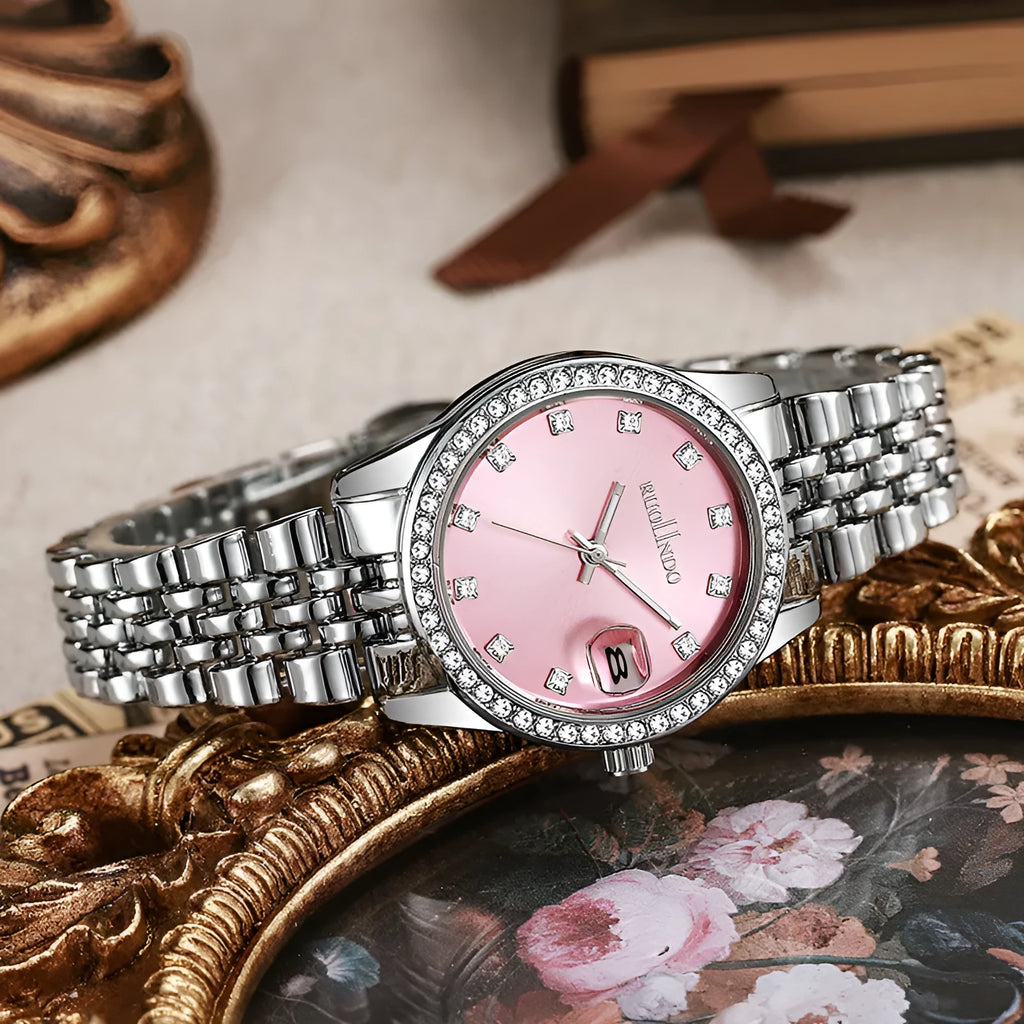 Women's silver fashion watch with quartz movement and 32mm dial on alloy strap