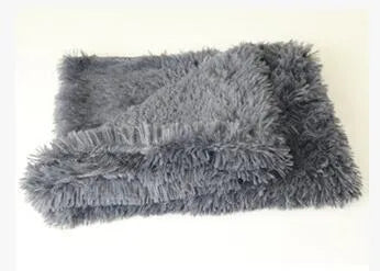 Long plush pet blanket for dogs and cats shown in light grey colour.