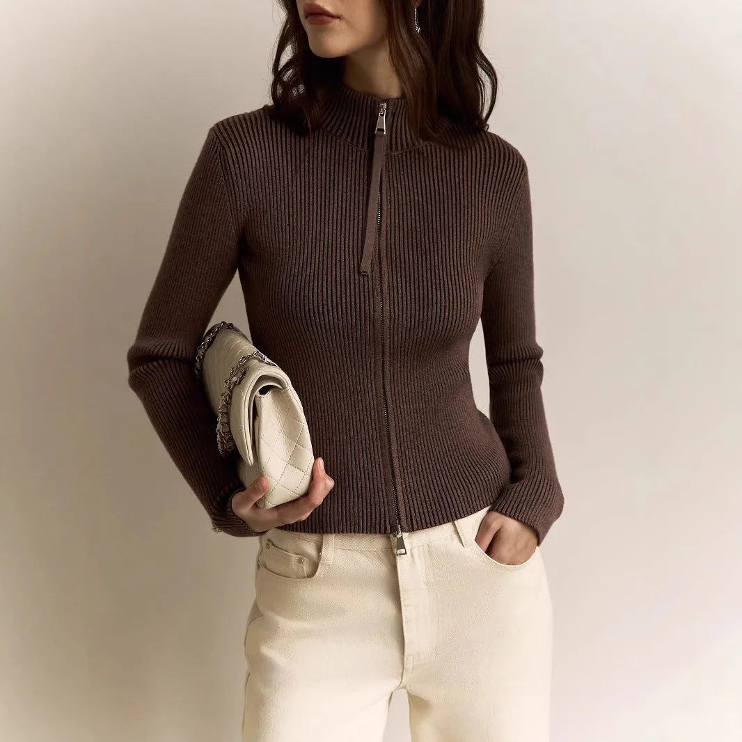 Zipper slim fit stand collar long-sleeve top in white for women – high waist viscose fibre street fashion bottoming layer