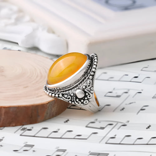 Geometric retro alloy ring with antique silver amber electroplating and fluorescent beeswax detail