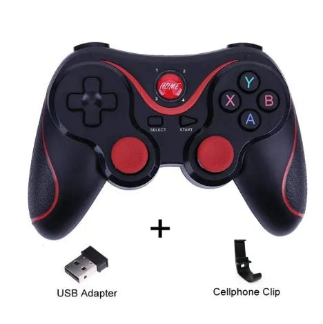 Upgraded X3 Bluetooth wireless game controller for Android phones in black or white, shown with a mobile phone clip accessory.