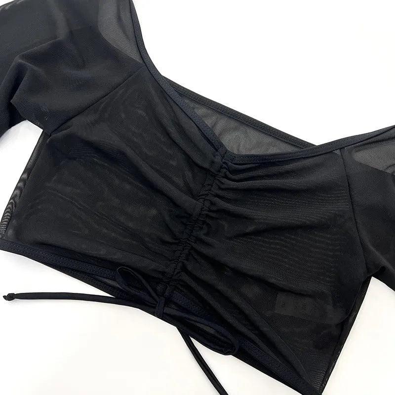 Black mesh women's four-piece bikini swimsuit set with long sleeves for swimming sports