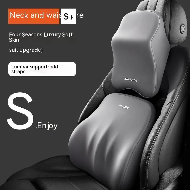 Car headrest and lumbar support pillow set in one of four colours: black, gray, blue, or pink, with memory foam filler.