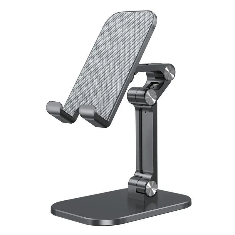 Metal folding phone holder for tablet desktop or car use with adjustable clip in black